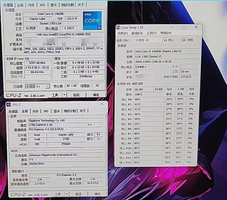 Informazioni su CPU-Z e Core Temp del Core i5-14600K. (Fonte: @9550pro su Twitter)