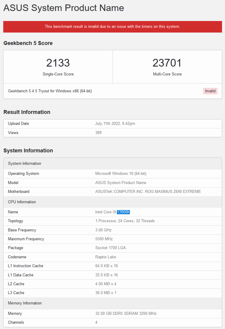 Punteggio di Geekbench di Intel Core i9-13900K (immagine da Geekbench)