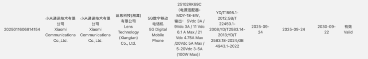 Certificazione dello smartphone con numero di modello 25102RK69C. (Fonte immagine: certificazione 3C)