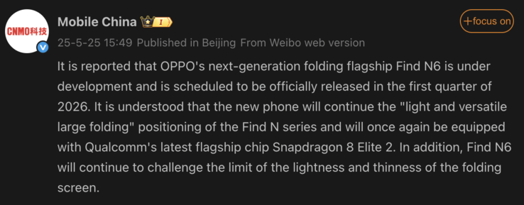 Informazioni trapelate su Oppo Find N6. (Fonte immagine: Weibo - traduzione automatica)