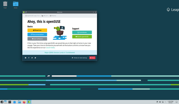 Schermata di un'installazione appena configurata di Leap 15.5 con KDE Desktop (immagine: openSUSE).