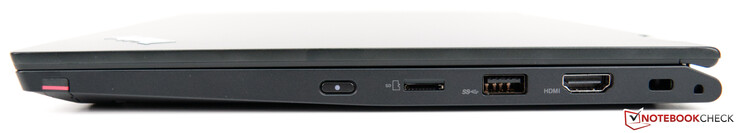A destra: ThinkPad Pen Pro, power on, lettore schede microSD, USB-3.1 Type-A, HDMI 1.4b, Kensington lock