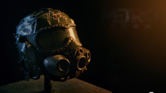 Primo piano della replica dell'elmetto Spartan della Collector's Edition di Metro 2039, con visiera scura, elementi integrati di una maschera antigas e dettagli segnati dalla battaglia.
