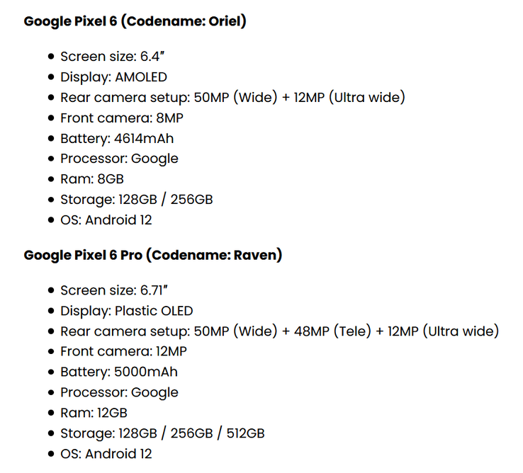 La nuova gamma di presunte specifiche della serie Pixel 6. (Fonte: FrontPageTech)