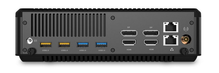 Lato Posteriore: Adattatore AC, 2x USB 2.0, 2x USB 3.0, 2x HDMI 2.0, 2x DisplayPort 1.3, 2x Gigabit Ethernet, Antenna