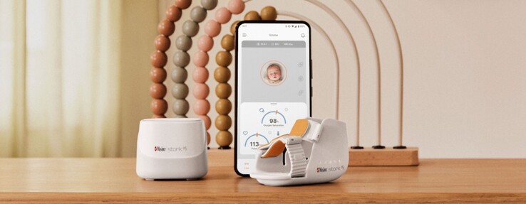 Il sistema di monitoraggio dei neonati Stork Vitals di Masimo viene fornito con una scarpetta per neonati, un hub e un'applicazione per smartphone. (Fonte: Masimo)