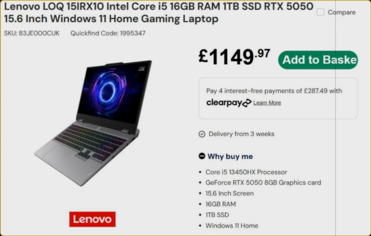 Specifiche e prezzo di Lenovo LOQ (Fonte: Laptops Direct)
