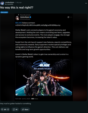 Account Stellar Blade X hackerato con post di truffa di criptovaluta (fonte immagine: screenshot, subreddit Stellar Blade)