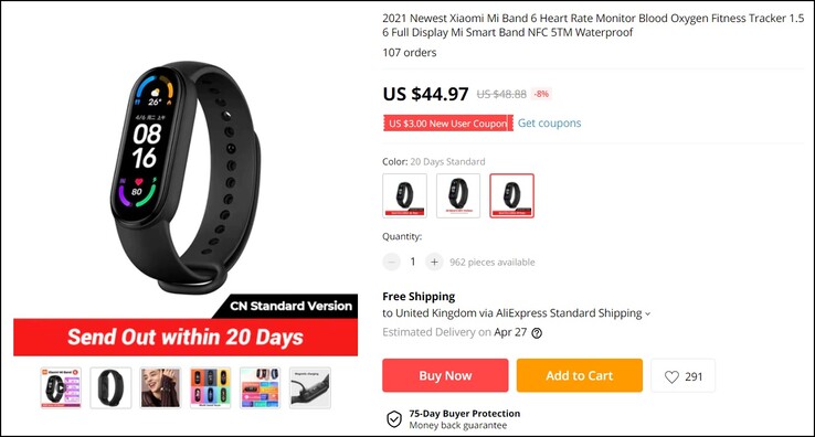 Xiaomi Mi Band 6 versione cinese. (Fonte immagine: AliExpress)