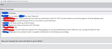 La risposta dell'assistenza clienti NVIDIA alla disponibilità della GT 1010. (Fonte: Dapz su YouTube)