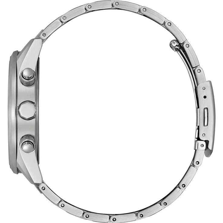 Vista laterale del Citizen World Chronograph A.T. AT8260-85X che mostra la cassa in acciaio inossidabile, la corona, i due pulsanti del cronografo e il bracciale.