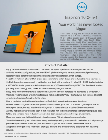 Caratteristiche principali dell'Inspiron 16 7620 2-in-1 (Fonte: Dell)