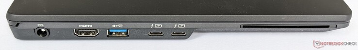 Lato sinistro: Presa di alimentazione, uscita HDMI, una porta USB-A 3.2 Gen 1, due porte Thunderbolt 4 (con PD e DP 1.2), lettore di smart card