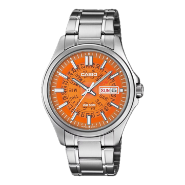 Il modello MTP-E740-4AV di Casio, in colore arancione, presenta un quadrante traslucido ispirato agli orologi Time Sonar di Seiko degli anni ’70.