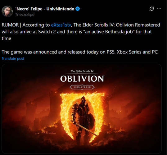 The Elder Scrolls IV: Oblivion Remastered Switch 2 leak da eXtas1stv (Fonte immagine: screenshot, account 'Necro' Felipe #UnivNintendo X)