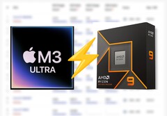 Applel&#039;M3 Ultra di AMD appare su Cinebench 2024 e precede la CPU Ryzen 9 9950X di circa il 25%. (Fonte immagine: Apple, AMD, modificato)
