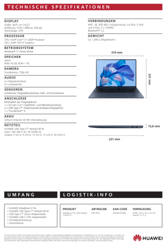 Huawei MateBook X Pro - Specifiche. (Fonte: Huawei)