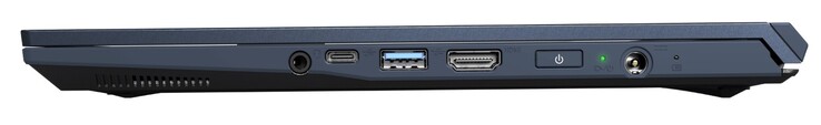 lato destro: jack da 3,5 mm, USB-C 3.2 Gen2, USB-A 3.2 Gen1, HDMI 2.0, pulsante di accensione, ingresso di alimentazione