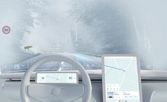  Un rendering di come potrebbe apparire un&#039;auto Volvo con un HUD Spectralics ad ampio campo visivo. (Immagine: Volvo)