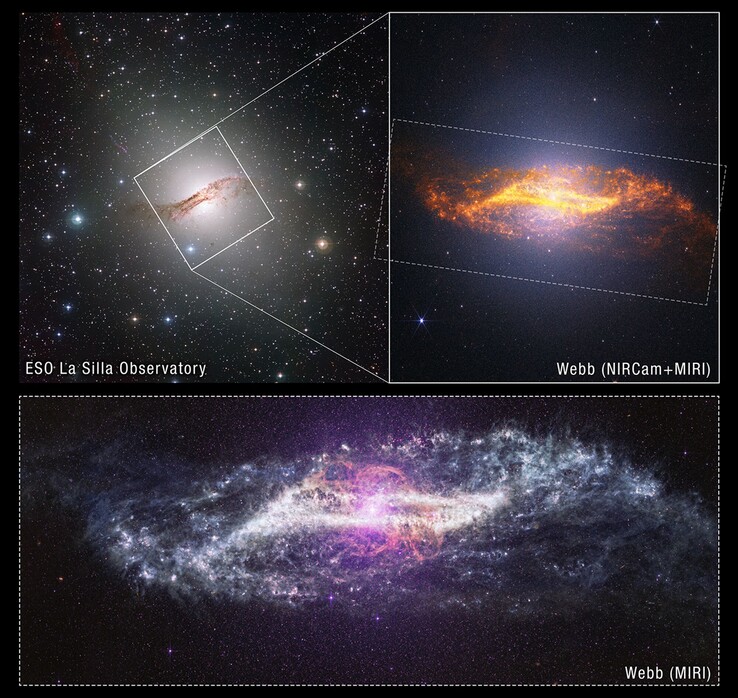Un'immagine che mostra la galassia Centaurus A ripresa con diversi strumenti.