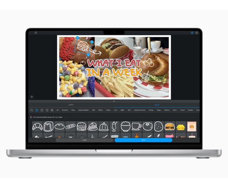 MacBook che mostra l'applicazione VLLO con adesivi suggeriti dall'AI per un vlog sul cibo. (Fonte immagine: Apple Newsroom)