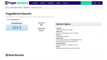 Intel Meteor Lake Core Ultra 7 1003H su PugetBench Lightroom Classic. (Fonte: PugetBench)