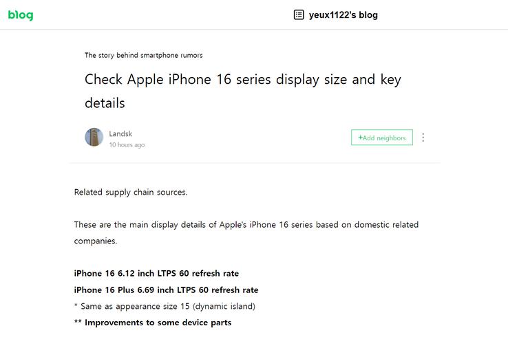 L'ultimo post del blog "iPhone 16-series display specs" (tradotto). (Fonte: Naver)