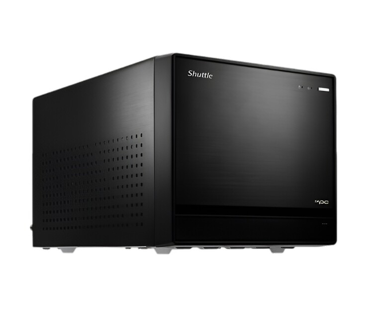 Questa immagine mostra un'altra vista frontale del PC Shuttle XPC Cube SFF, che sembra una scatola nera rettangolare 