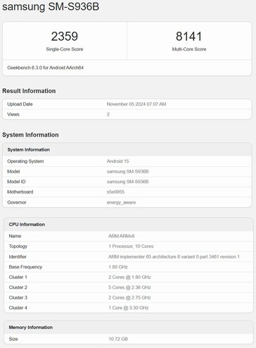 Exynos 2500 in Geekbench con il prototipo Galaxy S25+ (fonte immagine: Geekbench)