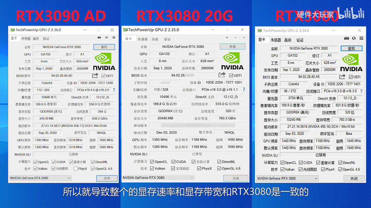 La RTX 3080 Ti, chiamata anche RTX 3080 20 GB, in GPU-Z. (Fonte: Big Hardware Player)