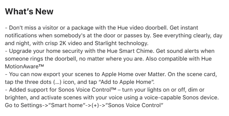 Le note di rilascio della versione 5.52.0 dell'app Philips Hue. (Fonte: Philips Hue)