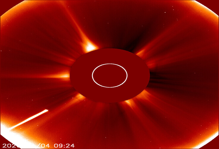 Un'immagine che mostra la cometa C/2026 A1 (MAPS) in direzione del Sole.