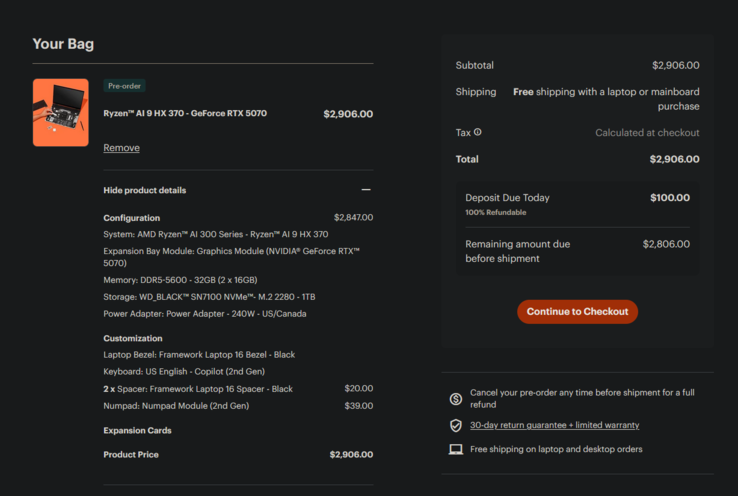 Costo del Framework 16 top-spec (fonte: Notebookcheck)