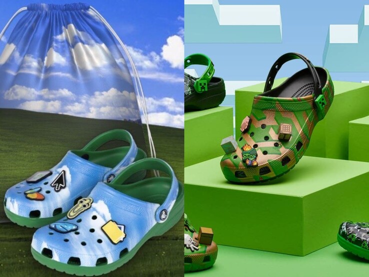 Crocs a tema Windows xp con borsa con cordoncino Bliss accanto a crocs in edizione Minecraft (Fonte: Microsoft)
