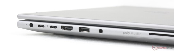 A sinistra: adattatore di alimentazione CA, 2x USB-C Thunderbolt 4 con DisplayPort 2.1 + Power Delivery (40 Gbps), HDMI 2.1, USB-A (5 Gbps), audio combo da 3,5 mm, lettore Smartcard (opzionale)