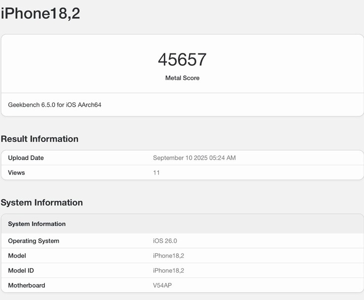 Lo screenshot di Geekbench 6 mostra Apple iPhone 17 Pro con A19 Pro il benchmark GPU Metal (Fonte immagine: @jimmyjames_tech su Twitter)
