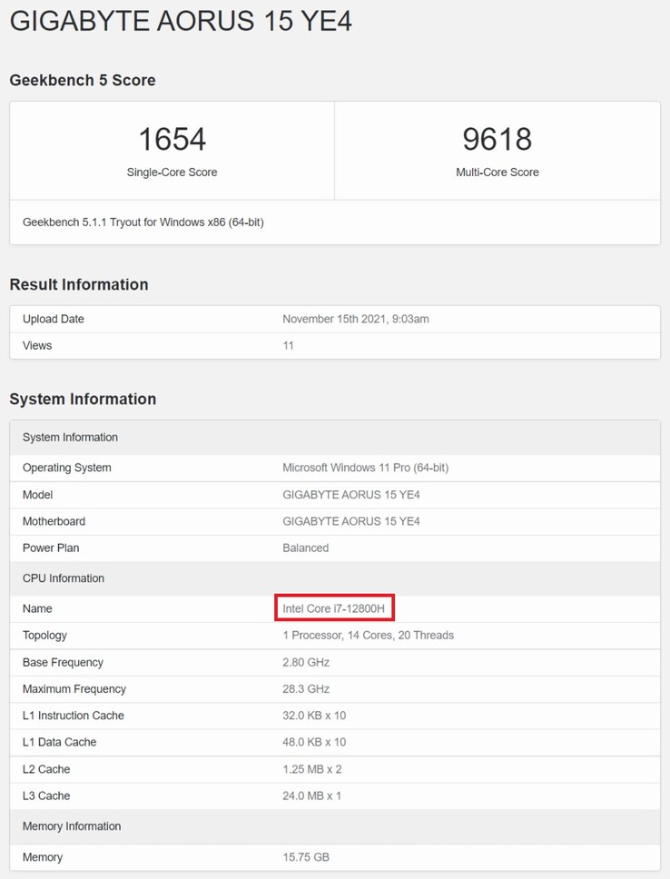 Intel Core i7-12800H. (Fonte immagine: Geekbench)