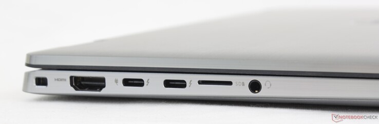 A sinistra: slot di blocco a cuneo, HDMI 2.0, 2x USB-C con Thunderbolt 4 + DisplayPort + Power Delivery, lettore MicroSD, jack audio da 3,5 mm
