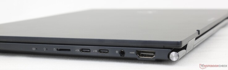 A destra: Lettore MicroSD, 2x USB-A 3.2 Gen. 2 + DisplayPort 1.4 + Power Delivery, cuffie da 3,5 mm, HDMI 2.1