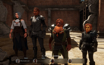 Un'immagine che mostra quattro personaggi in Solasta: Crown of the Magister.