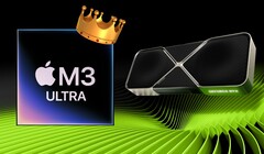 Il SoC Apple M3 Ultra brilla nei primi risultati di GFXBench, scambiando colpi con le GPU desktop di fascia alta di Nvidia e AMD. (Fonte immagine: Apple, Nvidia, modificato)