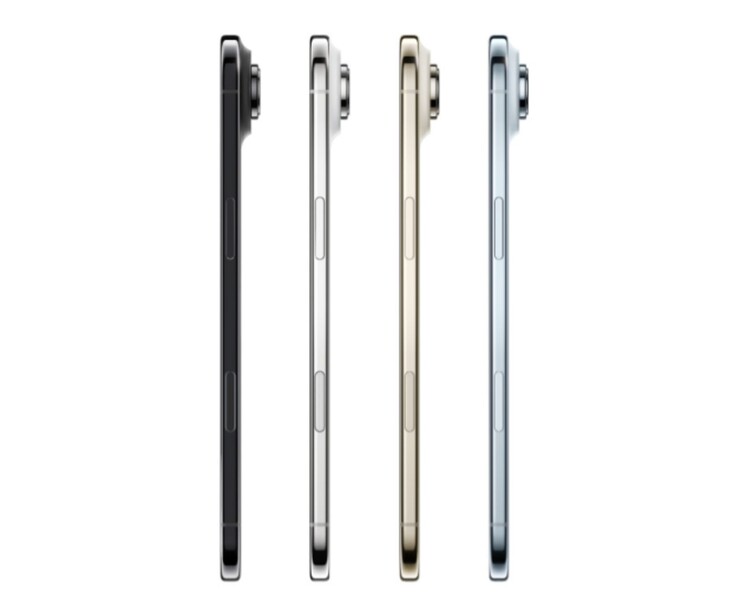 Vista di profilo laterale di quattro modelli di iPhone Air Apple nelle finiture nero, bianco, oro e blu (Fonte: Apple)