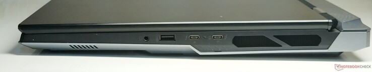 A destra: jack audio combo da 3,5 mm, USB 3.2 Gen2 Tipo-A, 2x Thunderbolt 5 (con DisplayPort 2.1-out e Power Delivery 3.1)