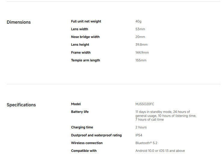 Specifiche complete degli occhiali audio intelligenti (fonte: Xiaomi)