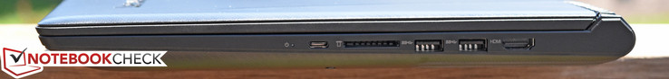 Destra: USB 3.1 Type-C Gen 1, SD Card Reader, USB 3.0 Type-A x2, HDMI