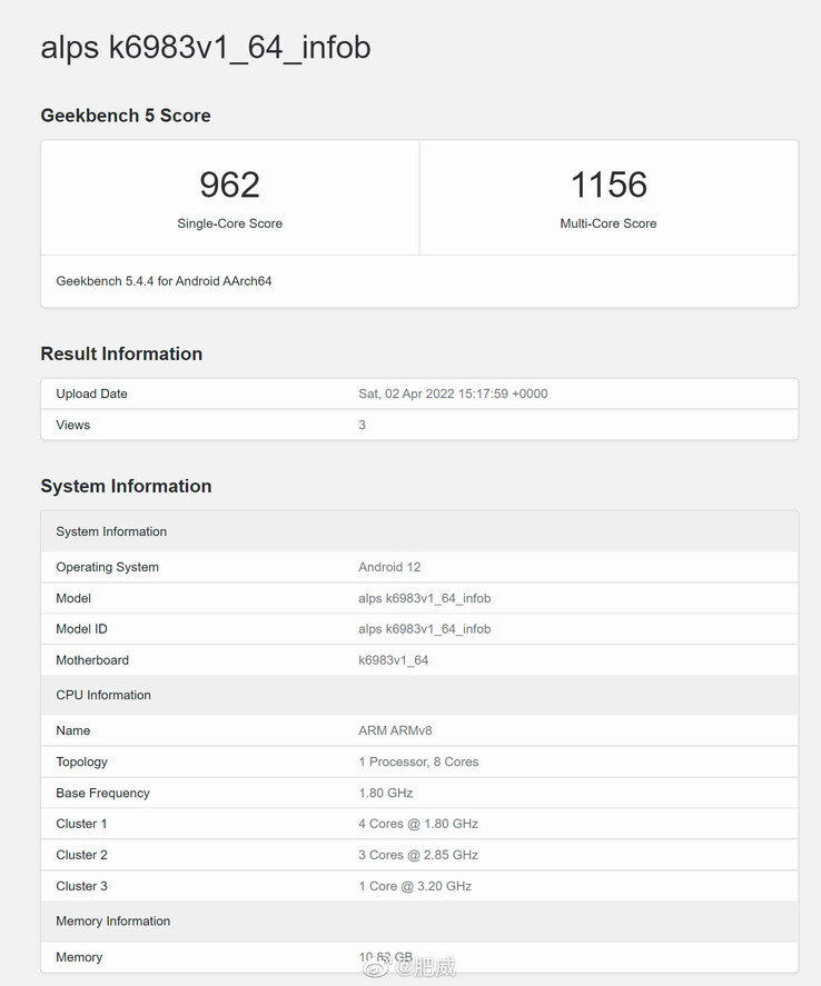 Dimensity 9000 overcloccato su Geekbench (immagine via Weibo)