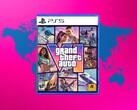 Confezione di GTA 6 per PS5 raffigurata con una mappa del mondo