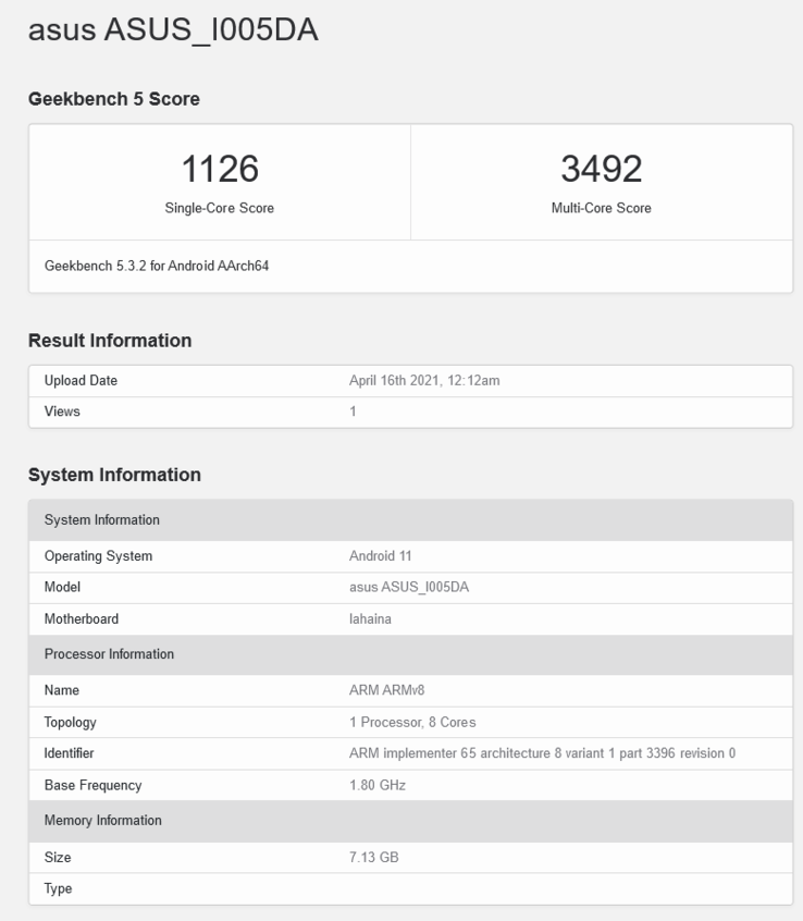 ASUS ZenFone 8 Mini variante 8GB RAM (immagine via Geekbench)