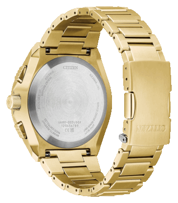 Vista posteriore del Citizen Promaster Skyhawk A-T JY8144-50E che mostra il fondello in acciaio inossidabile con i loghi Promaster ed Eco-Drive.