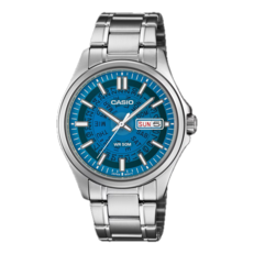 Casio MTP-E740-2A2V con quadrante traslucido di colore blu brillante.